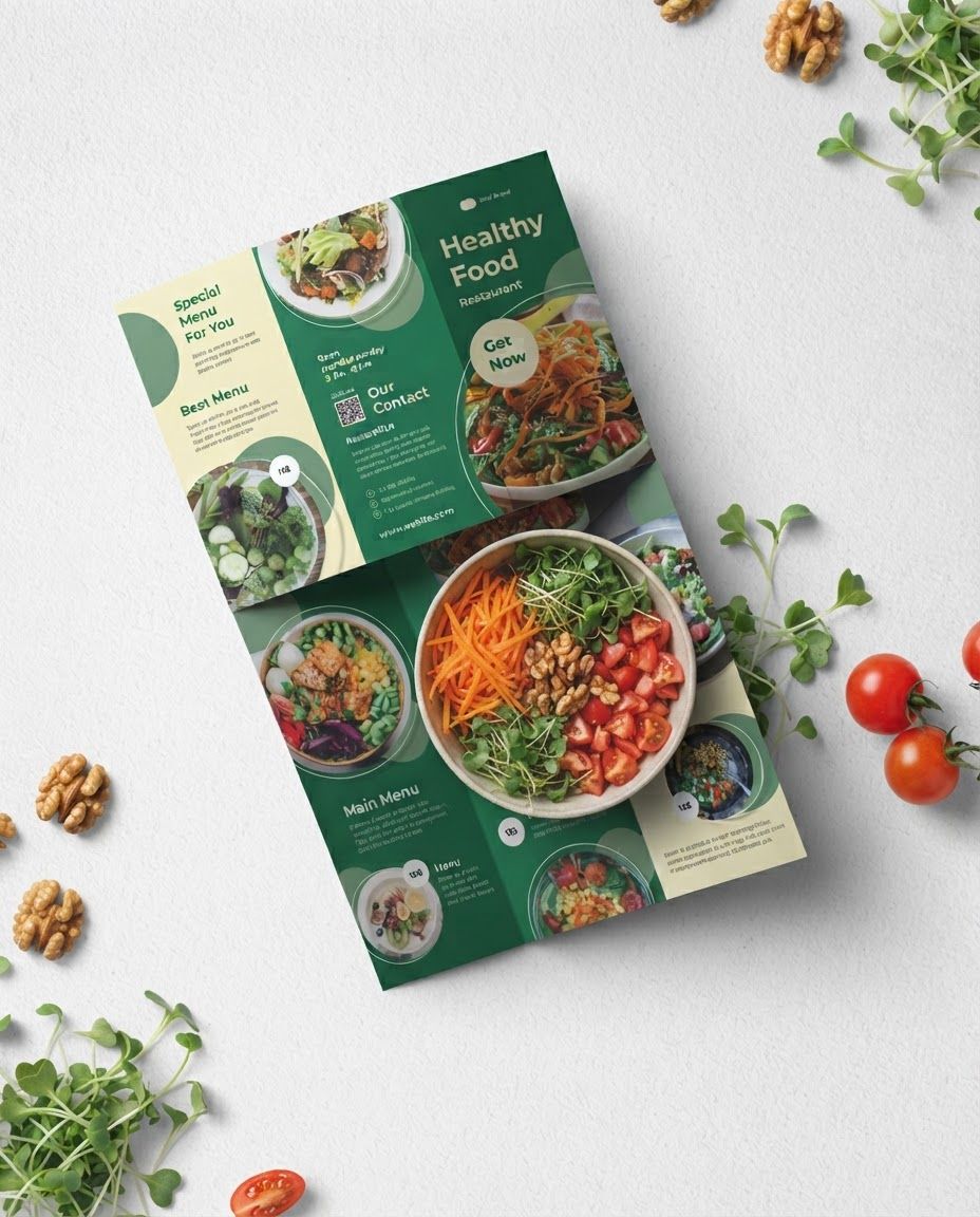 AI Design for Social campaign preview for brand. Portrait campaign visual that feels ready for client approval, clear focal image, cohesive art direction, clean space for copy to be added later, no generated text.
Incorporate the attached brand element reference image (Reference A: brand element "Healthy Food Tri-Fold Menu") into the composition where natural — preserve the depicted brand element's appearance.