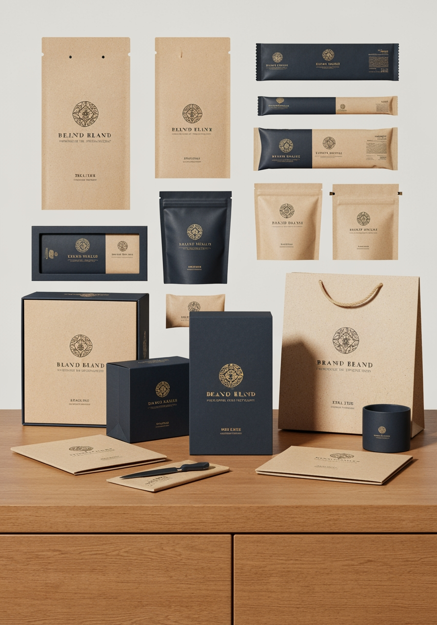 AI Design for Premium packaging mockup concept for brand identity. Brand identity applied to realistic boxes, pouches, labels, wraps, or bags as appropriate, polished tabletop scene, tactile materials, no invented readable copy.