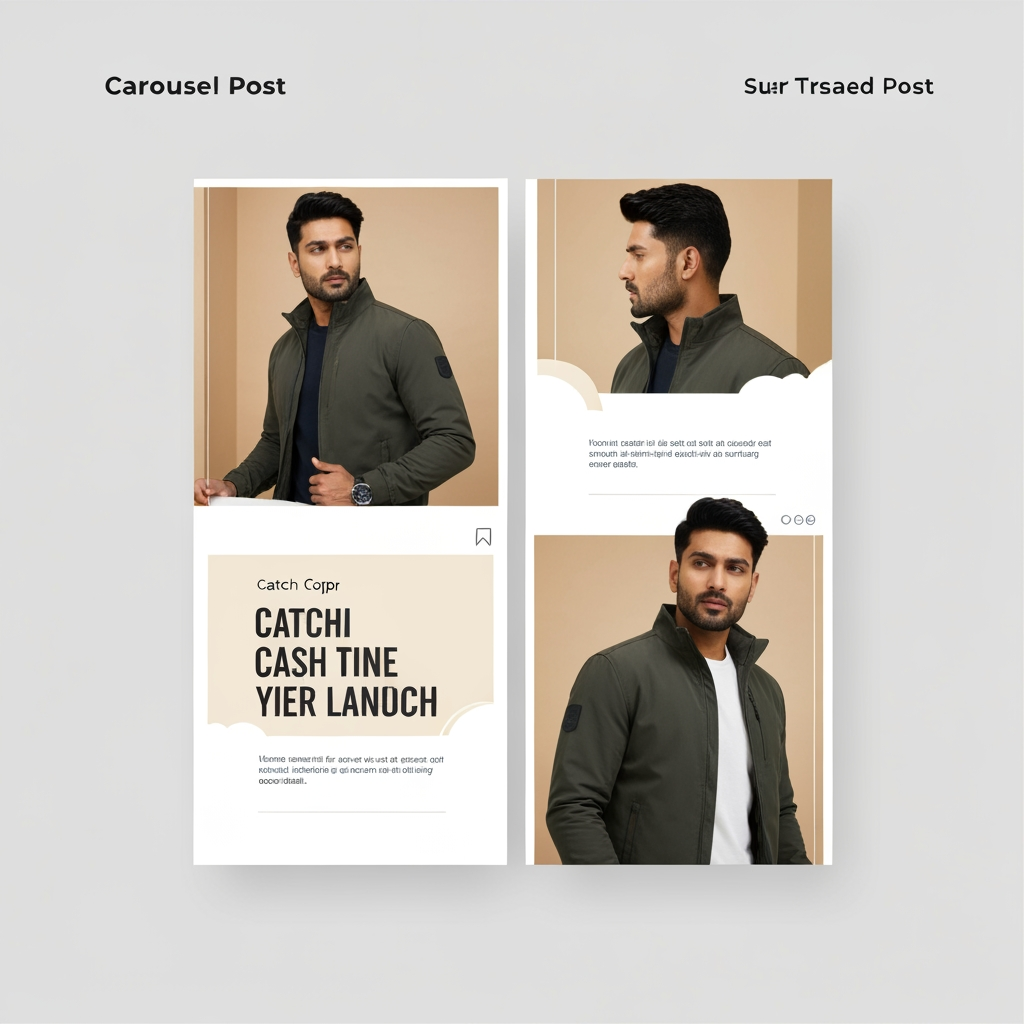 AI Design for Square social feed visual concept for Carousel posts for a product launch. Strong central subject, clean composition, platform-ready crop, cohesive color and mood, clear empty area for caption or headline to be added later, no readable text generated.