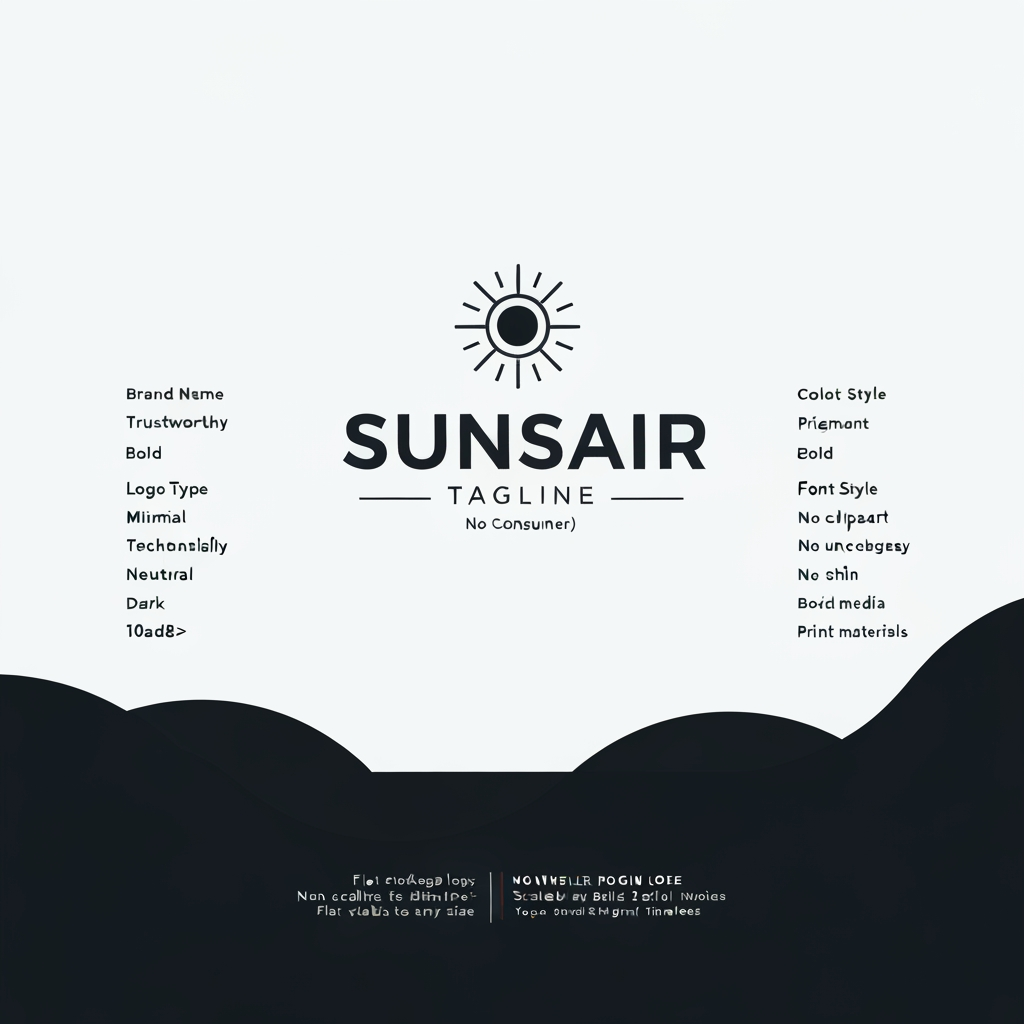 AI Design for Brand Name
SUNSAIR
Tagline (Optional)
No Tagline
Industry
Technology : Solar solution
Brand Personality
Trustworthy - Yes
Premium - Yes
Bold - Yes
Modern - Yes
Target Audience
Consumers
Logo Type
Combination (text + symbol)
Design Style
Minimal - Yes
Professional (not playful or decorative) - Yes
Theme / Meaning (Optional)
Technology and Trust
Color Preference
Primary Color: <043158>
Secondary Color (optional): <10add8>
Overall Mood:
Light
Dark
Neutral
Monochrome
Font Style
Clean sans-serif
Elegant thin
Bold modern
Background
Transparent
White - Yes
Dark
Usage
(Logo should work well for)
Website
Mobile app
Social media
Print materials
Style Rules
No stock-logo look
No clipart
No cartoon style
No unnecessary effects
No text distortion
Output Requirements
Flat, vector-style logo
Clean edges
Scalable to any size
Professional and timeless
Final Instruction
Create a high-quality logo image for the brand described above.
The output must be a professional, brand-ready logo design, suitable for real-world business use.
It should feel trustworthy, modern, and credible, with clean geometry and balanced proportions.
The logo must look like it belongs to a real company, not an experimental or artistic AI render.
Important requirements:
Generate a flat, vector-style logo image
Ensure the logo is clear, scalable, and readable at all sizes
Avoid decorative effects, gimmicks, or visual noise
The design should work across web, mobile, print, and branding materials
