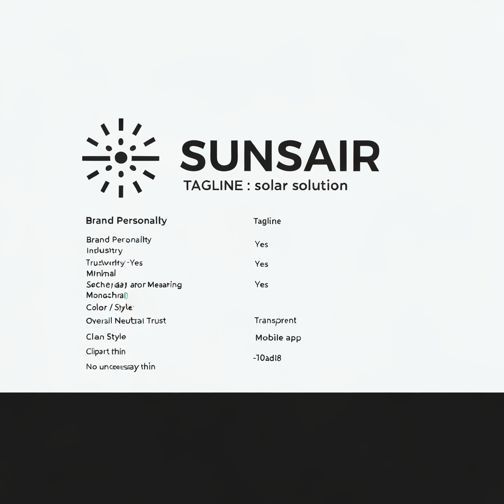 AI Design for Brand Name
SUNSAIR
Tagline (Optional)
No Tagline
Industry
Technology : Solar solution
Brand Personality
Trustworthy - Yes
Premium - Yes
Bold - Yes
Modern - Yes
Target Audience
Consumers
Logo Type
Combination (text + symbol)
Design Style
Minimal - Yes
Professional (not playful or decorative) - Yes
Theme / Meaning (Optional)
Technology and Trust
Color Preference
Primary Color: <043158>
Secondary Color (optional): <10add8>
Overall Mood:
Light
Dark
Neutral
Monochrome
Font Style
Clean sans-serif
Elegant thin
Bold modern
Background
Transparent
White - Yes
Dark
Usage
(Logo should work well for)
Website
Mobile app
Social media
Print materials
Style Rules
No stock-logo look
No clipart
No cartoon style
No unnecessary effects
No text distortion
Output Requirements
Flat, vector-style logo
Clean edges
Scalable to any size
Professional and timeless
Final Instruction
Create a high-quality logo image for the brand described above.
The output must be a professional, brand-ready logo design, suitable for real-world business use.
It should feel trustworthy, modern, and credible, with clean geometry and balanced proportions.
The logo must look like it belongs to a real company, not an experimental or artistic AI render.
Important requirements:
Generate a flat, vector-style logo image
Ensure the logo is clear, scalable, and readable at all sizes
Avoid decorative effects, gimmicks, or visual noise
The design should work across web, mobile, print, and branding materials