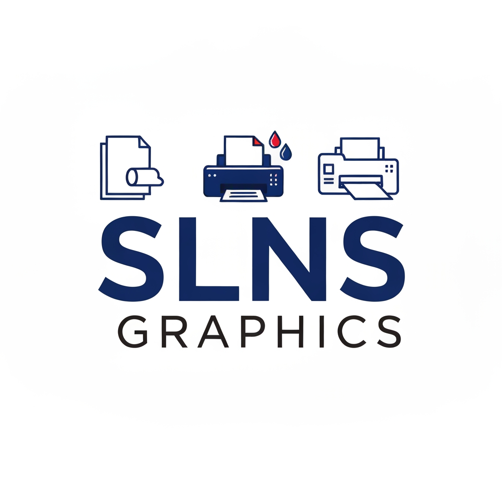 AI Design for "Design a modern, professional, and memorable logo for 'SLNS GRAPHICS', a Xerox and Digital Printing shop. Use a clean blue, red, and white color palette to represent trust, speed, and quality. Incorporate creative printing-related elements such as sheets of paper, a printer, ink drops, a copy machine, or geometric print icons in a minimal and stylish way. Make the typography bold, modern, and easy to read, with 'SLNS' more prominent than 'GRAPHICS'. The logo should look premium, versatile, and suitable for shop signage, business cards, invoices, social media, and uniforms. Use a flat vector style with sharp lines, balanced composition, and a transparent background. Avoid clutter and ensure the design remains recognizable at small sizes."