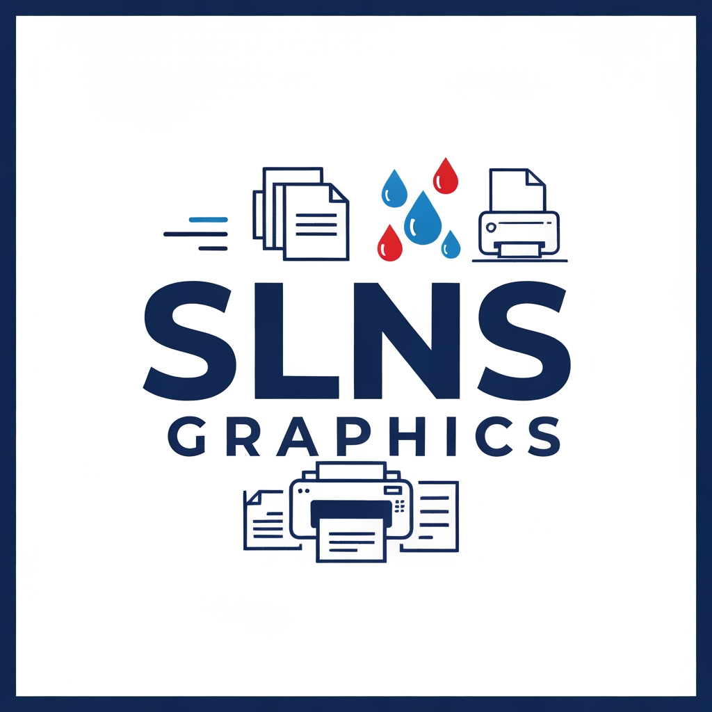 AI Design for "Design a modern, professional, and memorable logo for 'SLNS GRAPHICS', a Xerox and Digital Printing shop. Use a clean blue, red, and white color palette to represent trust, speed, and quality. Incorporate creative printing-related elements such as sheets of paper, a printer, ink drops, a copy machine, or geometric print icons in a minimal and stylish way. Make the typography bold, modern, and easy to read, with 'SLNS' more prominent than 'GRAPHICS'. The logo should look premium, versatile, and suitable for shop signage, business cards, invoices, social media, and uniforms. Use a flat vector style with sharp lines, balanced composition, and a transparent background. Avoid clutter and ensure the design remains recognizable at small sizes."