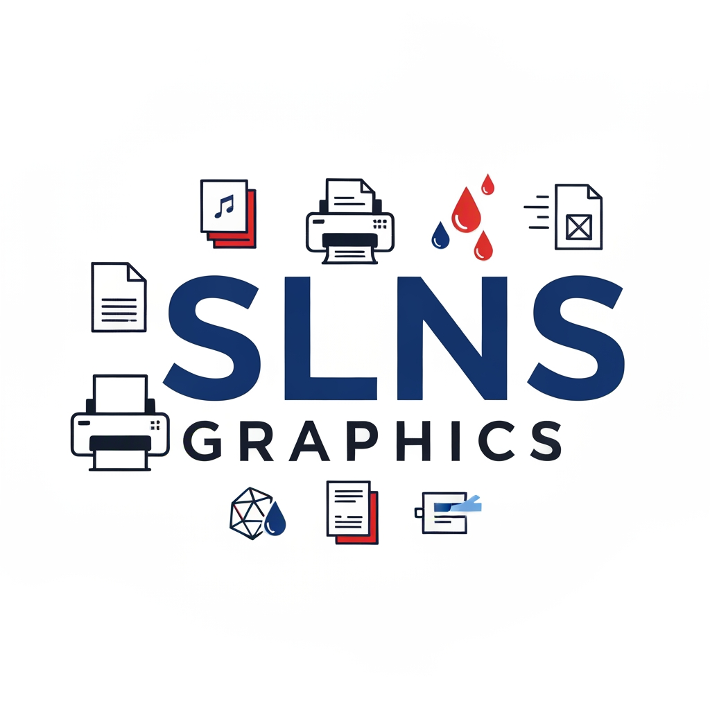 AI Design for "Design a modern, professional, and memorable logo for 'SLNS GRAPHICS', a Xerox and Digital Printing shop. Use a clean blue, red, and white color palette to represent trust, speed, and quality. Incorporate creative printing-related elements such as sheets of paper, a printer, ink drops, a copy machine, or geometric print icons in a minimal and stylish way. Make the typography bold, modern, and easy to read, with 'SLNS' more prominent than 'GRAPHICS'. The logo should look premium, versatile, and suitable for shop signage, business cards, invoices, social media, and uniforms. Use a flat vector style with sharp lines, balanced composition, and a transparent background. Avoid clutter and ensure the design remains recognizable at small sizes."