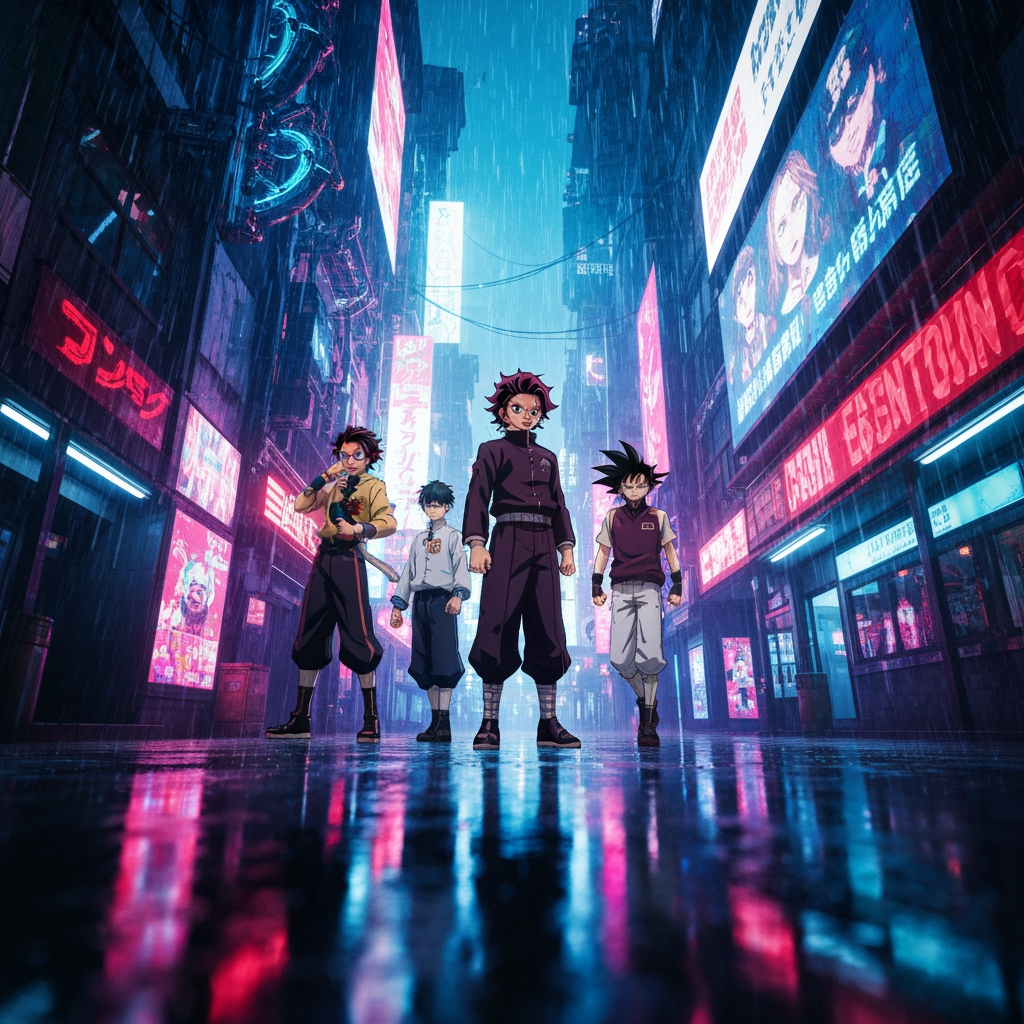 AI Design for MAKE A CHANNEL BACK GROUND FOR THE CHANNEL ZTE_710 ADD A CYBER PUNK LOOK AND INCLUDE ANIME CHARACTERS LIKE TANJIRO GOKU TOJI AND MANY MORE