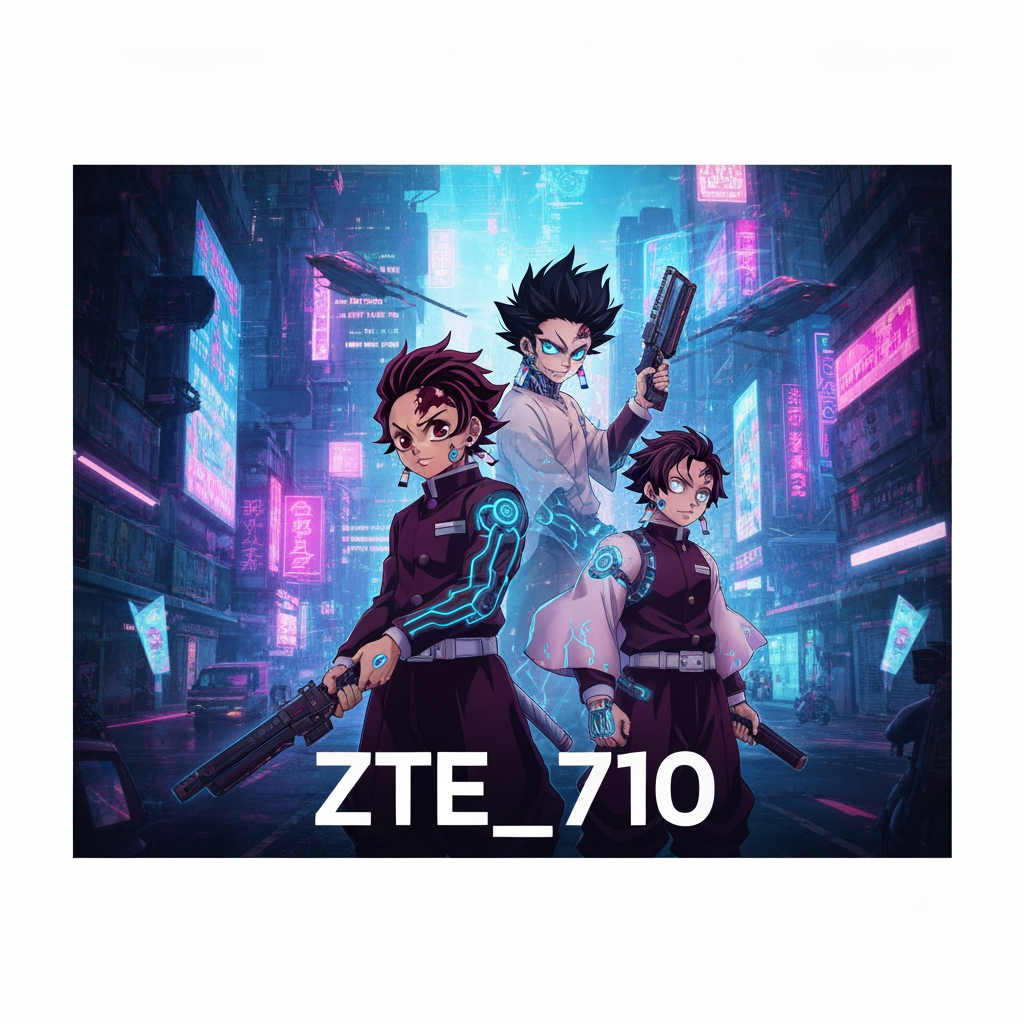 AI Design for MAKE A CHANNEL BACK GROUND FOR THE CHANNEL ZTE_710 ADD A CYBER PUNK LOOK AND INCLUDE ANIME CHARACTERS LIKE TANJIRO GOKU TOJI AND MANY MORE