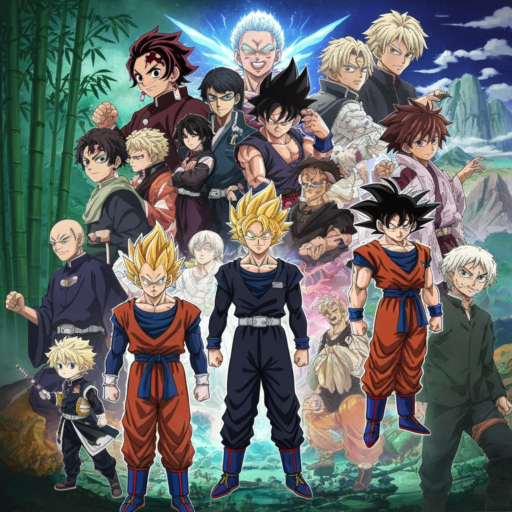 AI Design for MAKE A CHANNEL BACK GROUND FOR A CHANNEL LOOK AND INCLUDE ANIME CHARACTERS LIKE TANJIRO GOKU TOJI GOJO SUKUNA YORICHI VEGETA BLACK GOKU YUTA YUJI AND ZENO