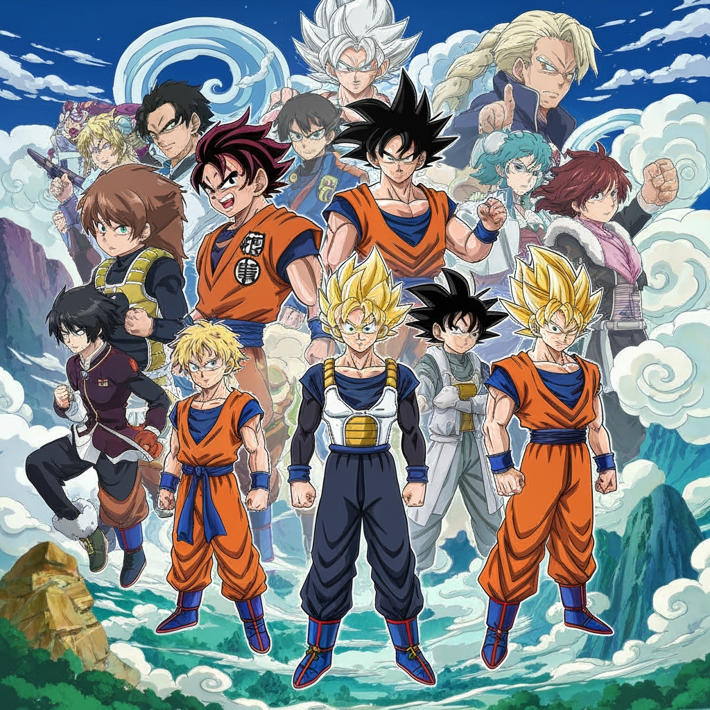 AI Design for MAKE A CHANNEL BACK GROUND FOR A CHANNEL LOOK AND INCLUDE ANIME CHARACTERS LIKE TANJIRO GOKU TOJI GOJO SUKUNA YORICHI VEGETA BLACK GOKU YUTA YUJI AND ZENO