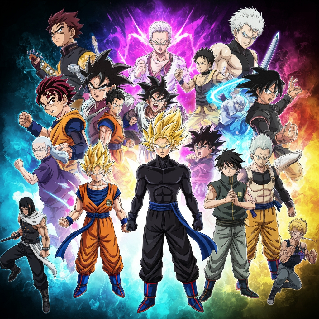 AI Design for MAKE A CHANNEL BACK GROUND FOR A CHANNEL LOOK AND INCLUDE ANIME CHARACTERS LIKE TANJIRO GOKU TOJI GOJO SUKUNA YORICHI VEGETA BLACK GOKU YUTA YUJI AND ZENO