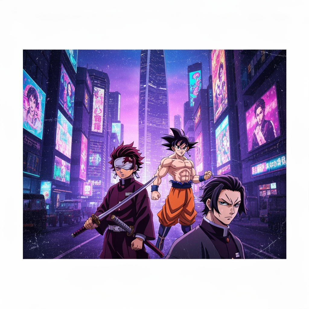 AI Design for MAKE A CHANNEL BACK GROUND FOR THE CHANNEL ZTE_710 ADD A CYBER PUNK LOOK AND INCLUDE ANIME CHARACTERS LIKE TANJIRO GOKU TOJI AND MANY MORE