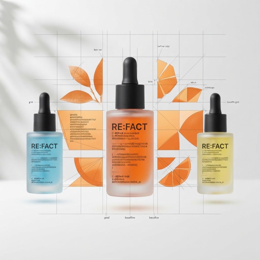AI Design for High-end studio product photograph of Re:Fact Serum Trio. Three frosted glass dropper bottles of different colors—blue, orange, and yellow—are arranged against a light background. The central orange bottle is overlaid with technical grid lines and abstract geometric illustrations of orange slices and leaves. Product centered as the clear hero, clean neutral background, controlled softbox lighting, realistic contact shadow, crisp edges, accurate material texture, no readable text added.