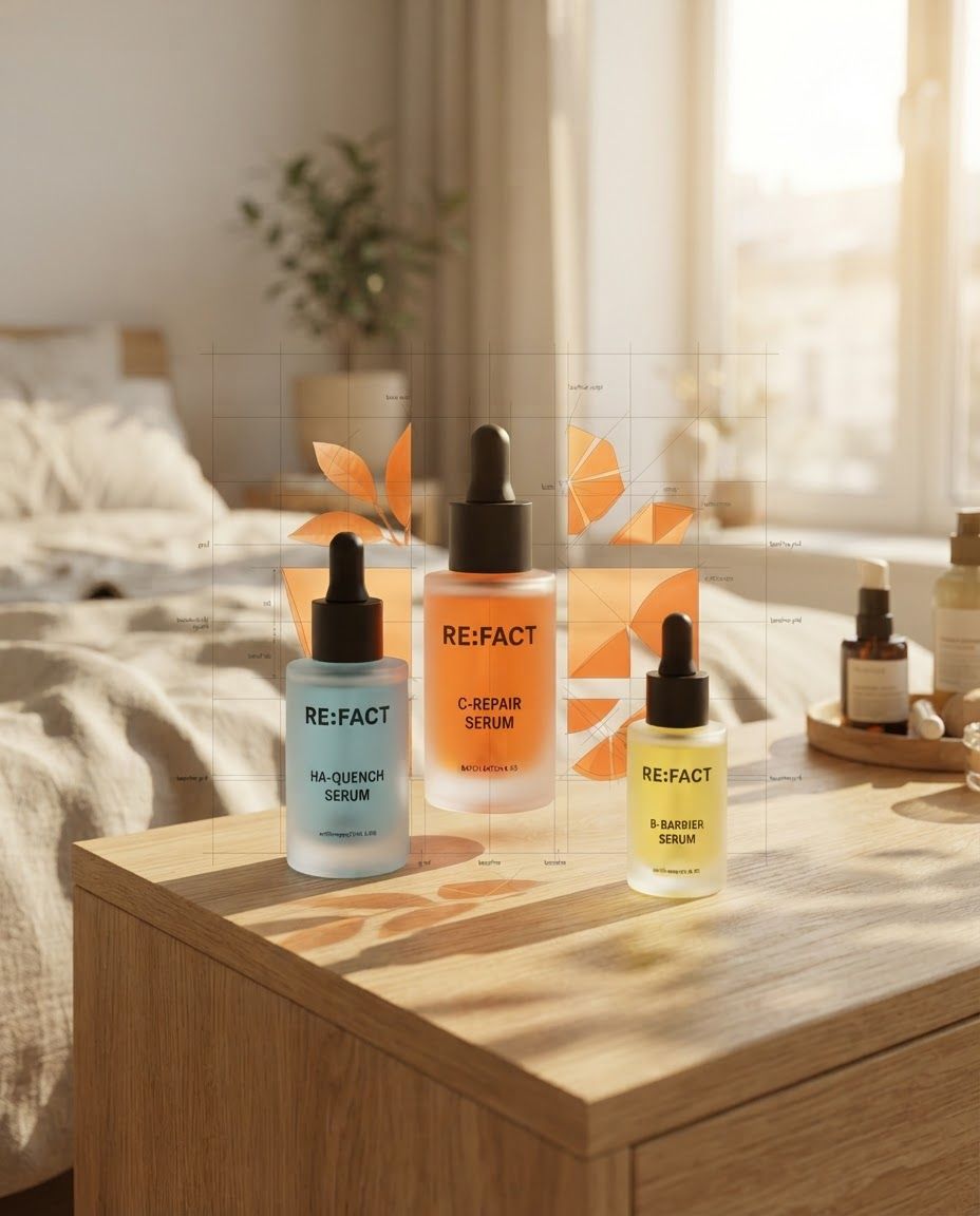 AI Design for Lifestyle product photograph of Re:Fact Serum Trio being naturally used in a believable real-world setting. Three frosted glass dropper bottles of different colors—blue, orange, and yellow—are arranged against a light background. The central orange bottle is overlaid with technical grid lines and abstract geometric illustrations of orange slices and leaves. Human-scale context, warm natural light, editorial composition, shallow depth of field, product clearly visible and undistorted.