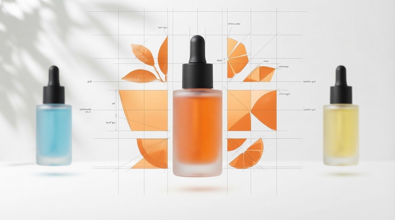 AI Design for Wide campaign hero photograph for Re:Fact Serum Trio. Three frosted glass dropper bottles of different colors—blue, orange, and yellow—are arranged against a light background. The central orange bottle is overlaid with technical grid lines and abstract geometric illustrations of orange slices and leaves. Premium advertising composition with the product as focal point, cinematic lighting, clean negative space on one side for copy to be added later, no rendered words or logos beyond the reference product.