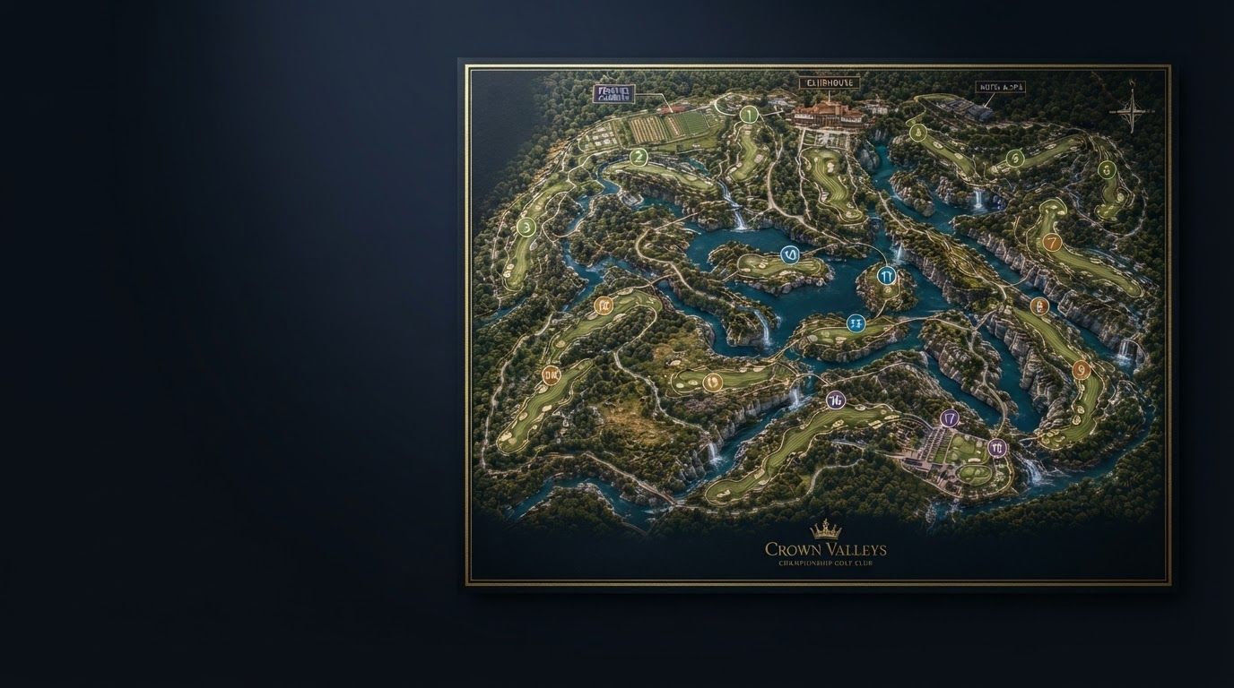 AI Design for Wide campaign hero photograph for MAPA PRO ORIGINAL. This is a detailed master plan graphic for Crown Valleys Championship Golf Club, featuring an aerial 3D view of 18 golf holes surrounded by lakes, waterfalls, and dense forests on a dark background with gold text accents. Premium advertising composition with the product as focal point, cinematic lighting, clean negative space on one side for copy to be added later, no rendered words or logos beyond the reference product.