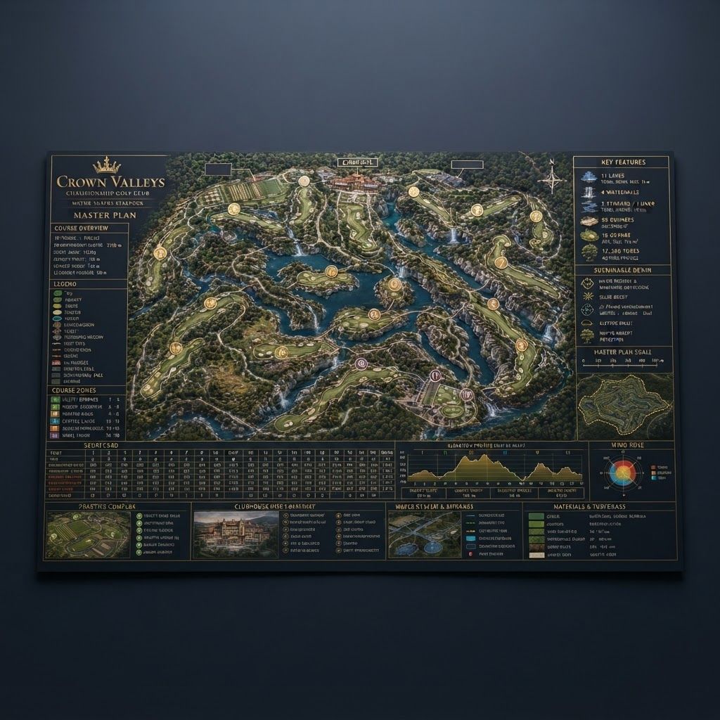AI Design for High-end studio product photograph of MAPA PRO ORIGINAL. This is a detailed master plan graphic for Crown Valleys Championship Golf Club, featuring an aerial 3D view of 18 golf holes surrounded by lakes, waterfalls, and dense forests on a dark background with gold text accents. Product centered as the clear hero, clean neutral background, controlled softbox lighting, realistic contact shadow, crisp edges, accurate material texture, no readable text added.