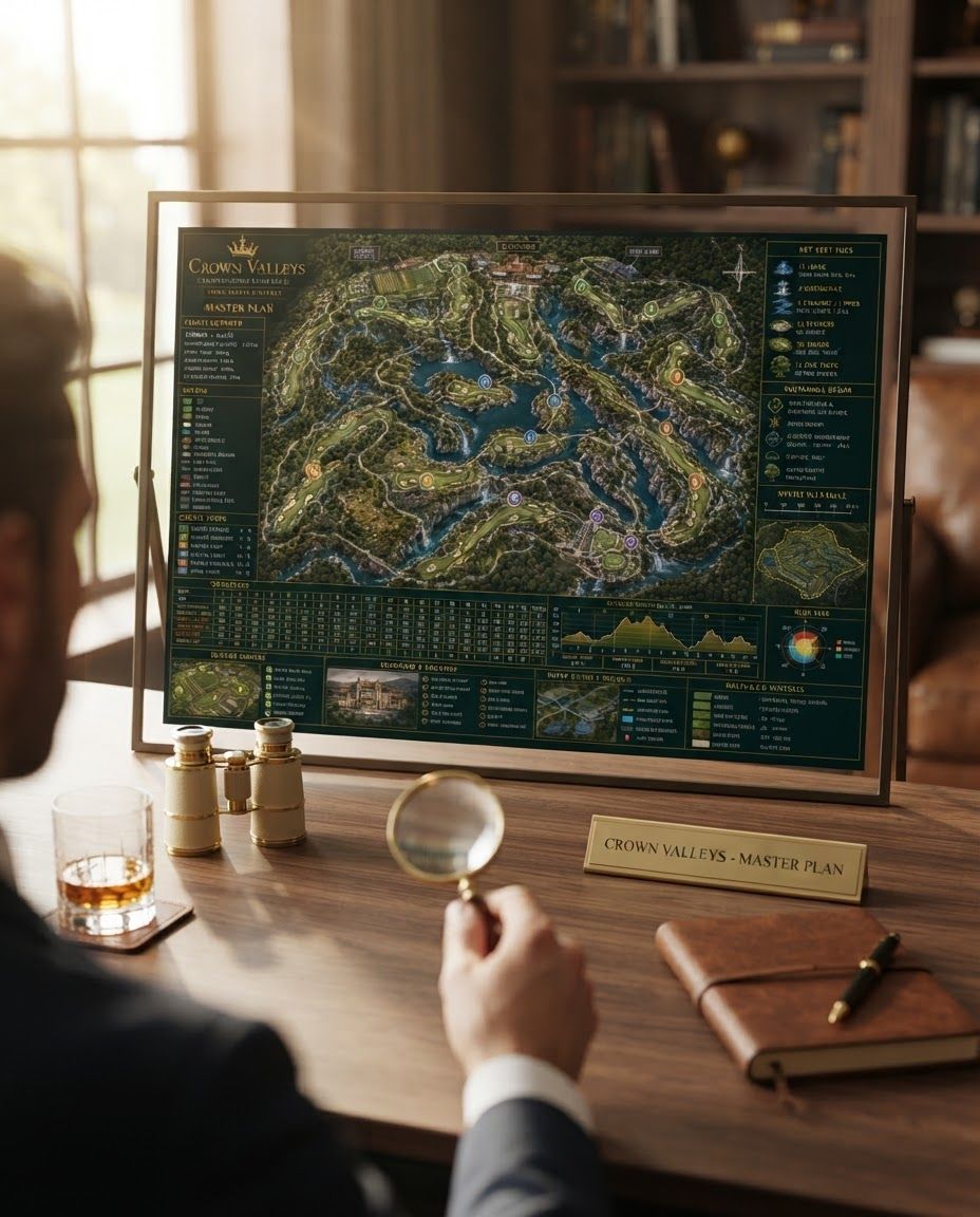 AI Design for Lifestyle product photograph of MAPA PRO ORIGINAL being naturally used in a believable real-world setting. This is a detailed master plan graphic for Crown Valleys Championship Golf Club, featuring an aerial 3D view of 18 golf holes surrounded by lakes, waterfalls, and dense forests on a dark background with gold text accents. Human-scale context, warm natural light, editorial composition, shallow depth of field, product clearly visible and undistorted.