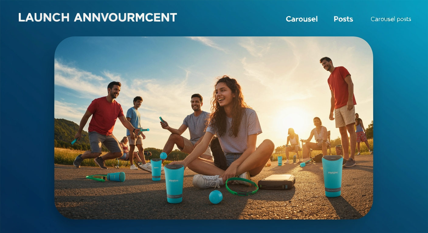 AI Design for Landscape launch announcement visual concept for Carousel posts for a product launch. Energetic campaign image, strong focal object or scene, clean branded atmosphere, generous open space for announcement copy to be added later, no rendered typography.