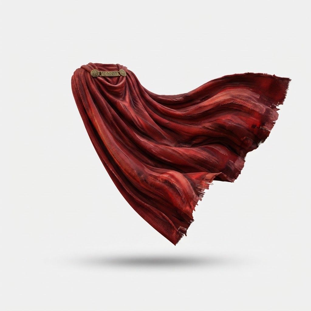 AI Design for High-end studio product photograph of Heroic Crimson Cloak. A red fabric cloak with a distressed, woven texture and frayed edges, secured at the neck by an ornate, antique-gold metallic clasp with intricate knotwork. The cloak is captured in a dynamic, wind-swept pose against a white background. Product centered as the clear hero, clean neutral background, controlled softbox lighting, realistic contact shadow, crisp edges, accurate material texture, no readable text added.