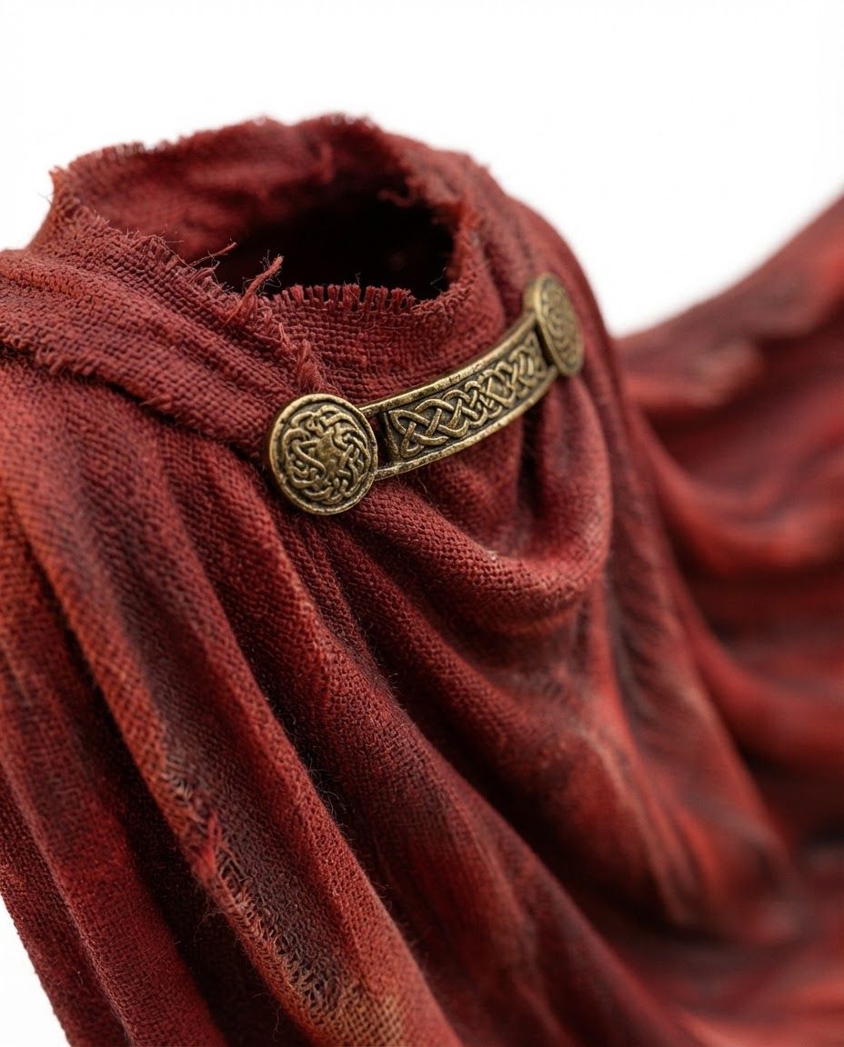 AI Design for Macro detail photograph of Heroic Crimson Cloak highlighting material quality, finish, texture, or signature product detail. A red fabric cloak with a distressed, woven texture and frayed edges, secured at the neck by an ornate, antique-gold metallic clasp with intricate knotwork. The cloak is captured in a dynamic, wind-swept pose against a white background. Premium close-up lighting, tactile realism, shallow depth of field, product detail sharp and accurate.