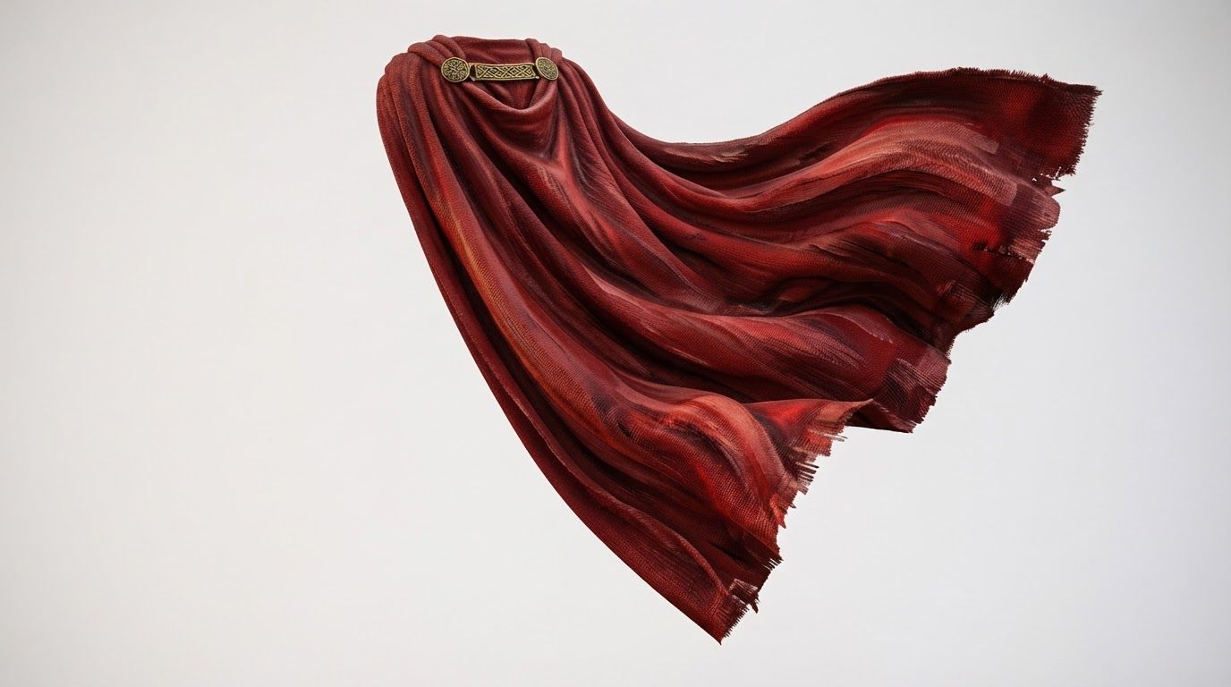 AI Design for Wide campaign hero photograph for Heroic Crimson Cloak. A red fabric cloak with a distressed, woven texture and frayed edges, secured at the neck by an ornate, antique-gold metallic clasp with intricate knotwork. The cloak is captured in a dynamic, wind-swept pose against a white background. Premium advertising composition with the product as focal point, cinematic lighting, clean negative space on one side for copy to be added later, no rendered words or logos beyond the reference product.