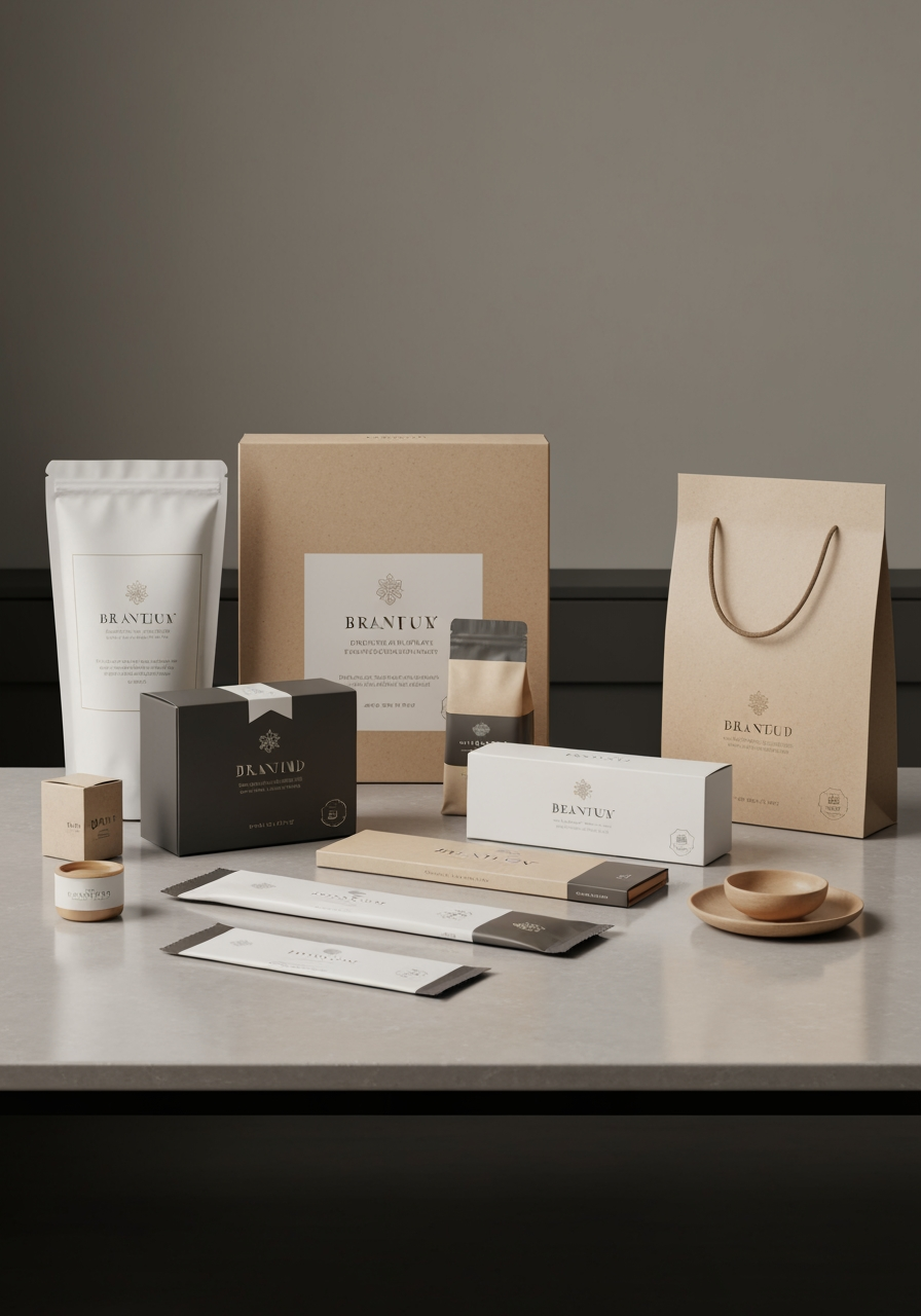 AI Design for Premium packaging mockup concept for i need to make an logo first. Brand identity applied to realistic boxes, pouches, labels, wraps, or bags as appropriate, polished tabletop scene, tactile materials, no invented readable copy.