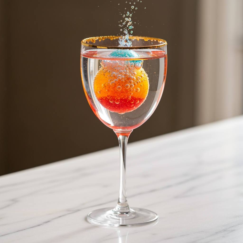 AI Design for a mocktail glass and a small fizz bomb which is fizzing inside and turning into a mocktial
make the glass look good and luxury also