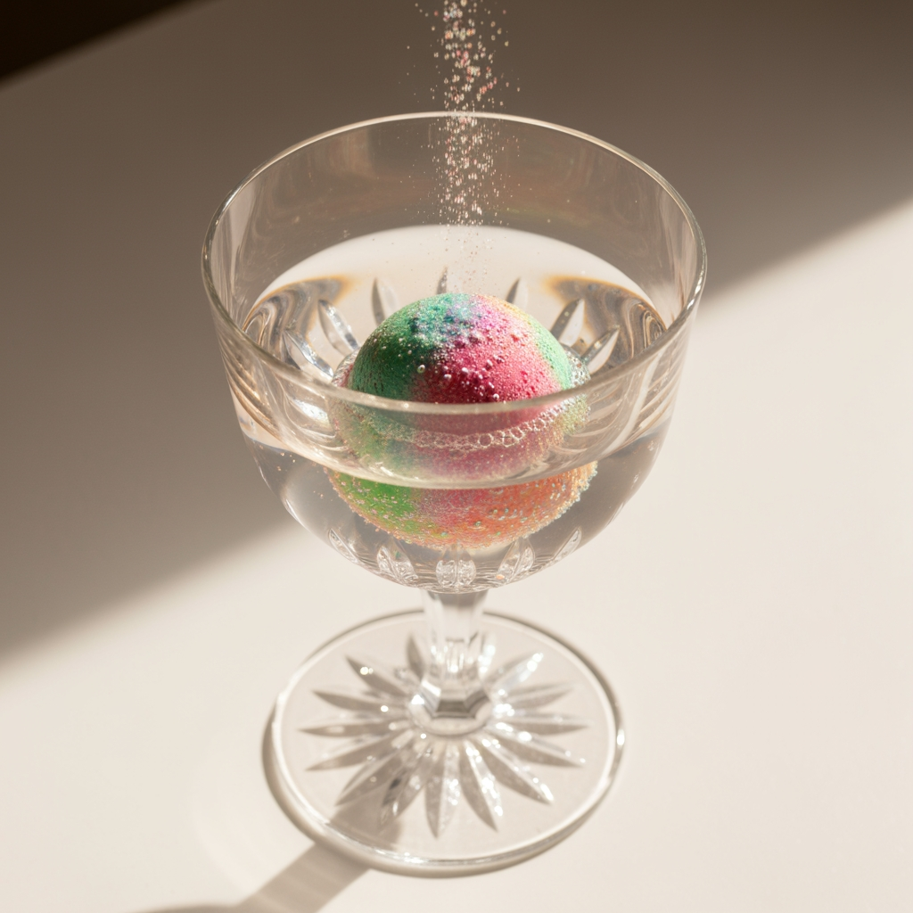 AI Design for a mocktail glass and a small fizz bomb which is fizzing inside and turning into a mocktial
make the glass look good and luxury also