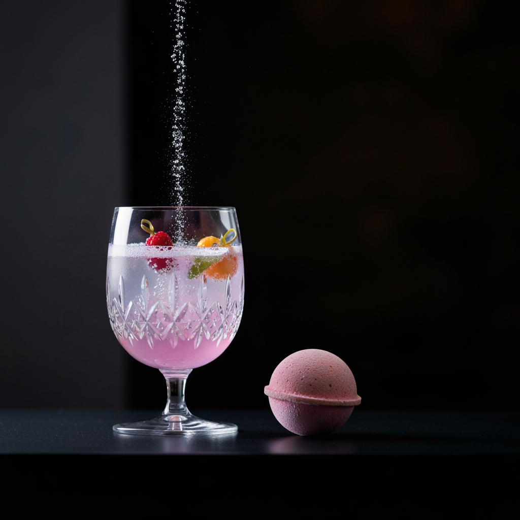 AI Design for a mocktail glass and a small fizz bomb which is fizzing inside and turning into a mocktial
make the glass look good and luxury also