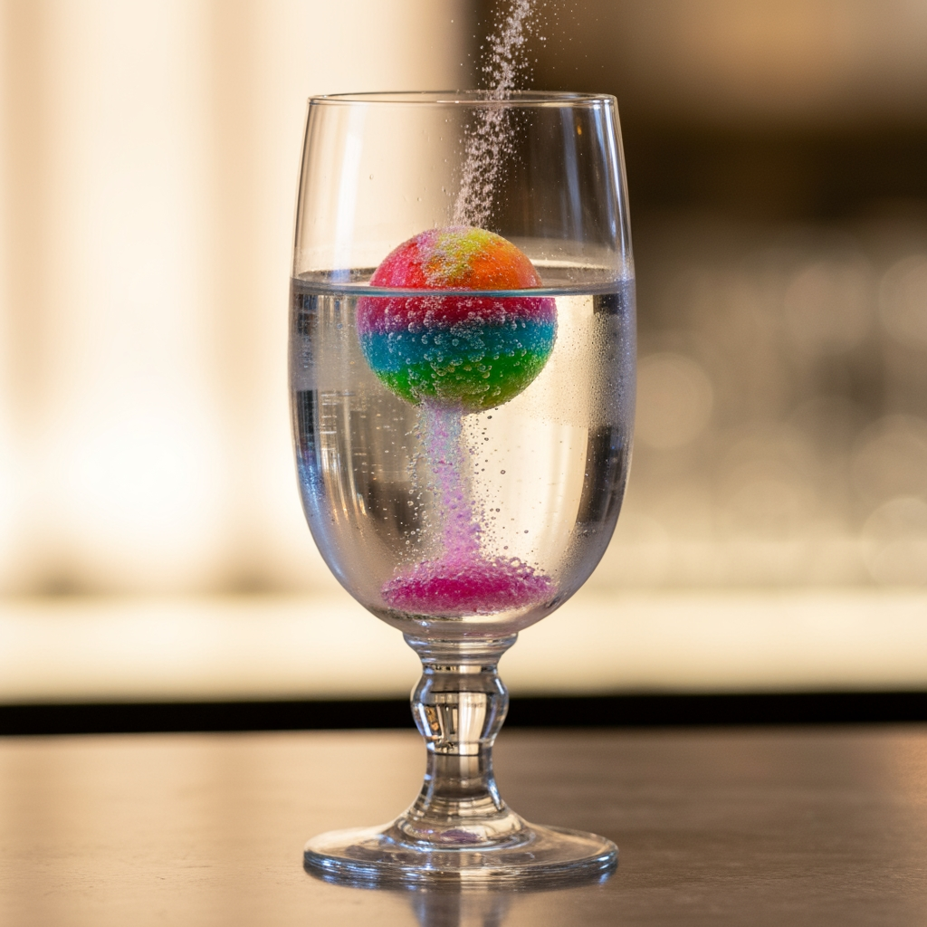 AI Design for a mocktail glass and a small fizz bomb which is fizzing inside and turning into a mocktial
make the glass look good and luxury also