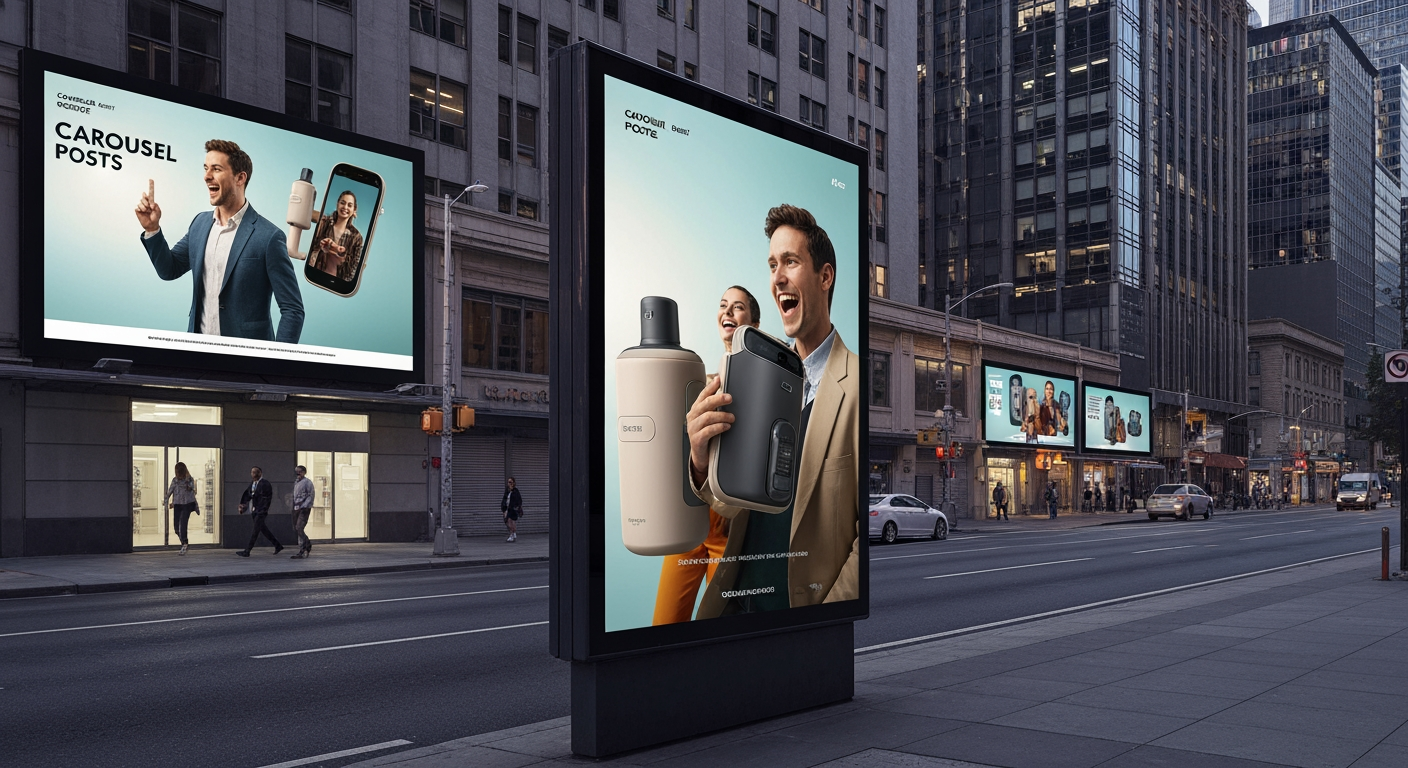 AI Design for Out-of-home campaign mockup concept for Carousel posts for a product launch. Billboard, transit poster, or street display in a realistic environment, strong campaign imagery, believable scale and lighting, no readable fake ad copy.