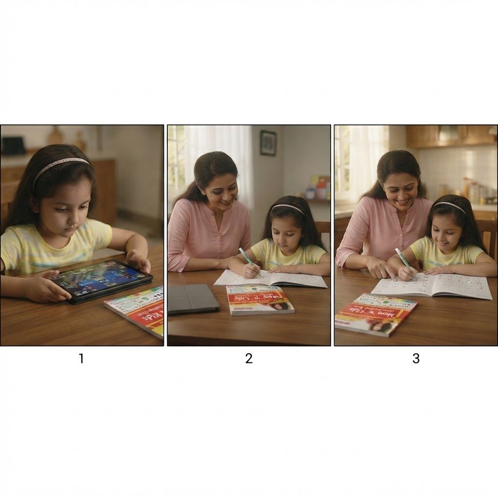 AI Design for High-end studio product photograph of Mom 'n' Kids Brain Activity Book. A storyboard featuring a young girl transitioning from screen time to interactive learning with her mother using the Mom 'n' Kids activity book at a wooden dining table. The scene uses warm, natural indoor lighting and a soft, domestic color palette. Product centered as the clear hero, clean neutral background, controlled softbox lighting, realistic contact shadow, crisp edges, accurate material texture, no readable text added.