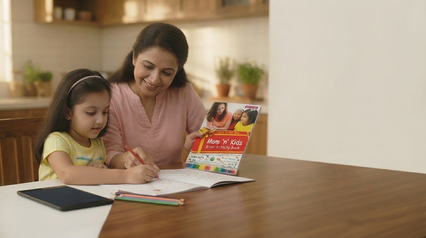 AI Design for Wide campaign hero photograph for Mom 'n' Kids Brain Activity Book. A storyboard featuring a young girl transitioning from screen time to interactive learning with her mother using the Mom 'n' Kids activity book at a wooden dining table. The scene uses warm, natural indoor lighting and a soft, domestic color palette. Premium advertising composition with the product as focal point, cinematic lighting, clean negative space on one side for copy to be added later, no rendered words or logos beyond the reference product.