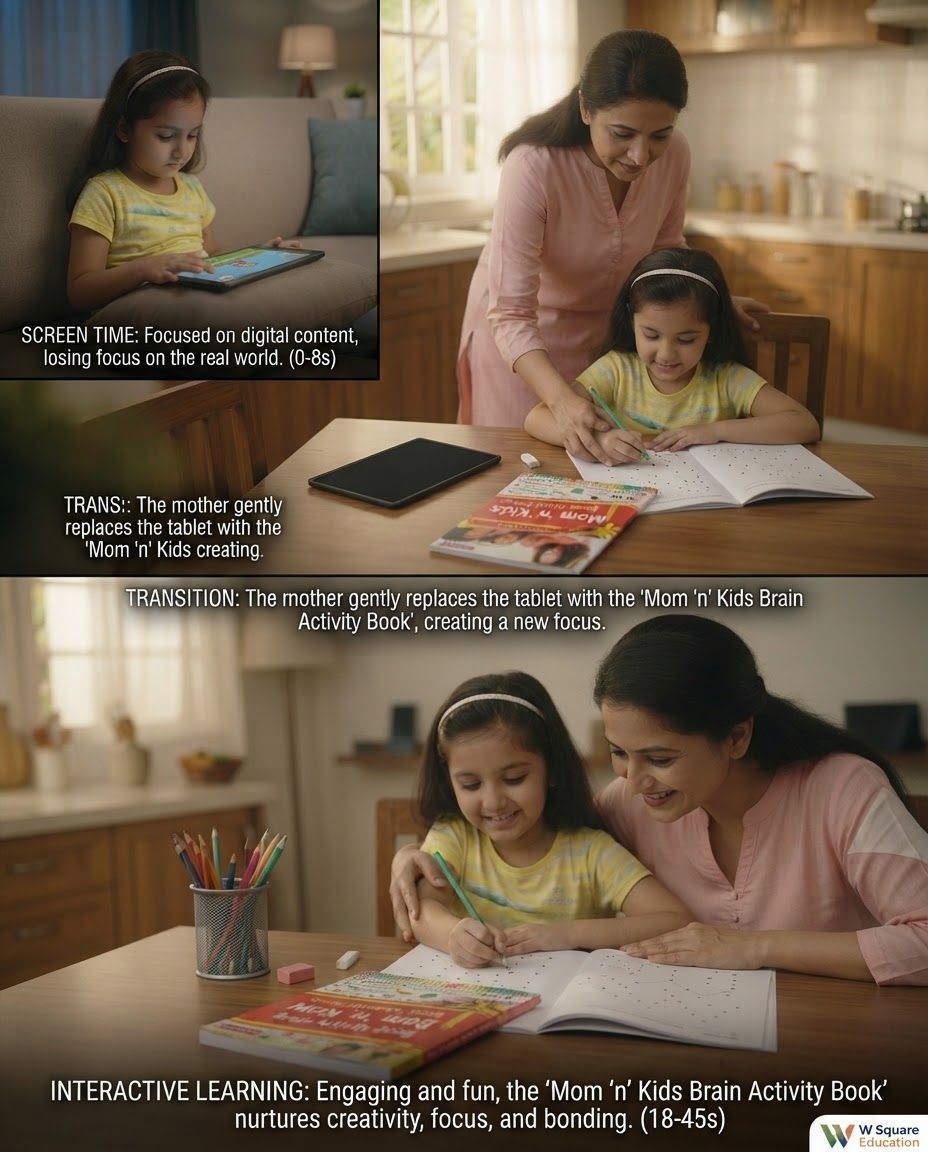AI Design for Lifestyle product photograph of Mom 'n' Kids Brain Activity Book being naturally used in a believable real-world setting. A storyboard featuring a young girl transitioning from screen time to interactive learning with her mother using the Mom 'n' Kids activity book at a wooden dining table. The scene uses warm, natural indoor lighting and a soft, domestic color palette. Human-scale context, warm natural light, editorial composition, shallow depth of field, product clearly visible and undistorted.