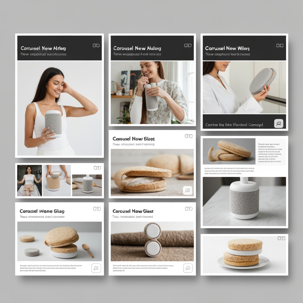 AI Design for Square social feed visual concept for Carousel posts for a product launch. Strong central subject, clean composition, platform-ready crop, cohesive color and mood, clear empty area for caption or headline to be added later, no readable text generated.