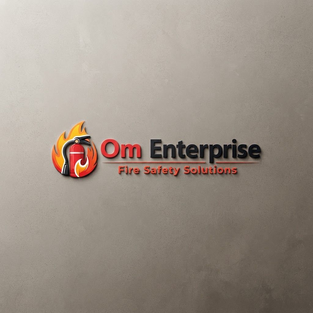 AI Design for Premium logo presentation mockup concept for Develop a professional brand identity system for a fire safety company that emphasizes reliability and readiness, using a clean, bold visual language inspired by the existing fire extinguisher motif.. Logo or brand mark displayed on a clean neutral surface with subtle depth, refined shadow, precise alignment, elegant design-studio presentation, no extra readable text.

Incorporate the attached brand element reference image (Reference A: brand element "Om Enterprise") into the composition where natural — preserve the depicted brand element's appearance.