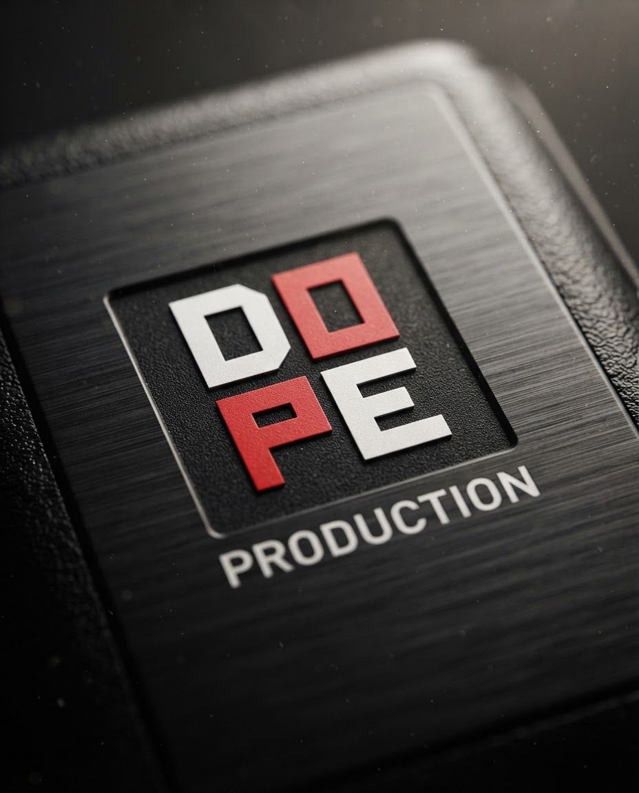 AI Design for Macro detail photograph of DOPE Production highlighting material quality, finish, texture, or signature product detail. The image features a logo with the word 'DOPE' arranged in a two-by-two grid of squares, alternating between white and red lettering against a black background. The word 'PRODUCTION' is written in a simple, sans-serif white font centered below the grid. Premium close-up lighting, tactile realism, shallow depth of field, product detail sharp and accurate.