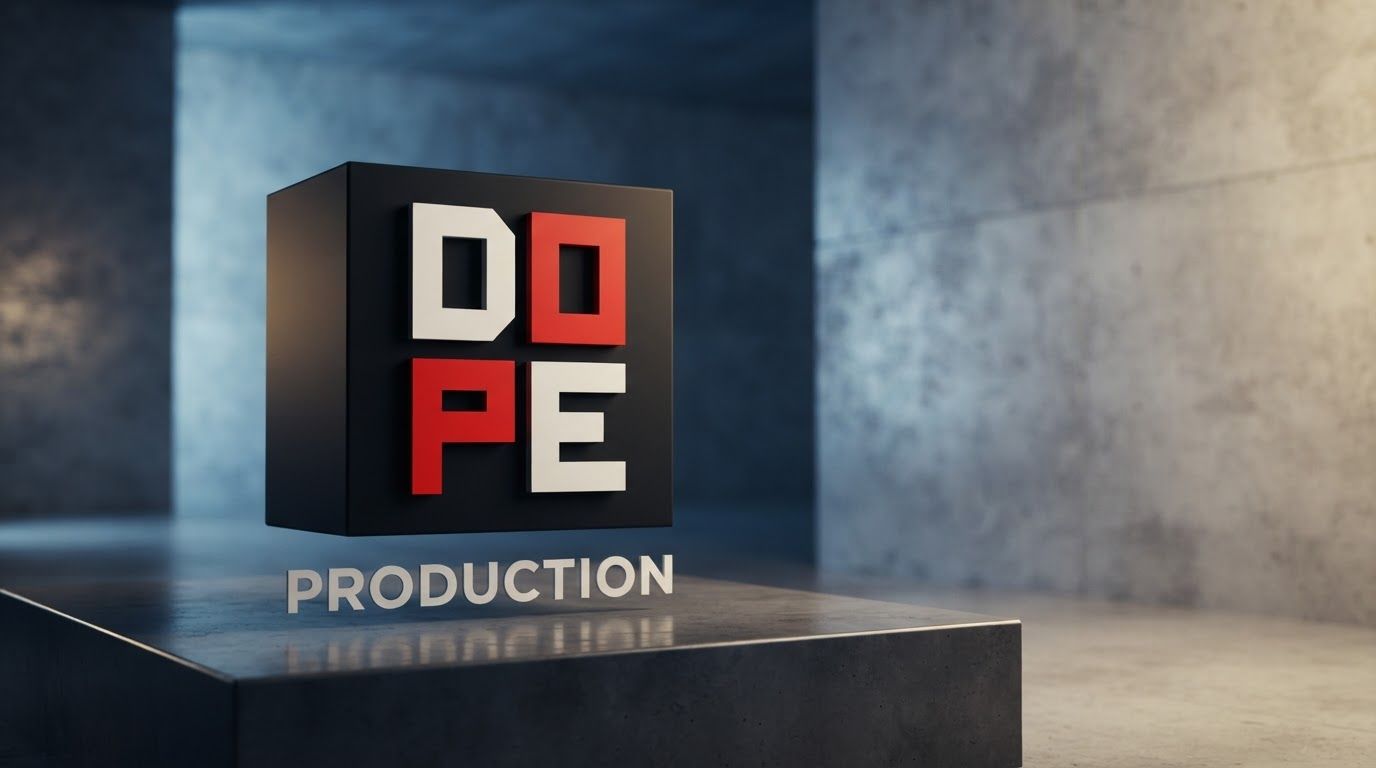AI Design for Wide campaign hero photograph for DOPE Production. The image features a logo with the word 'DOPE' arranged in a two-by-two grid of squares, alternating between white and red lettering against a black background. The word 'PRODUCTION' is written in a simple, sans-serif white font centered below the grid. Premium advertising composition with the product as focal point, cinematic lighting, clean negative space on one side for copy to be added later, no rendered words or logos beyond the reference product.