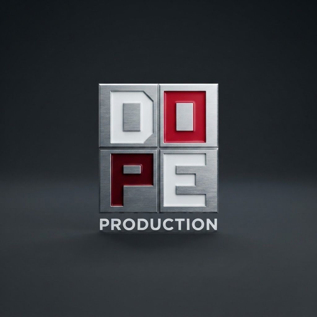 AI Design for High-end studio product photograph of DOPE Production. The image features a logo with the word 'DOPE' arranged in a two-by-two grid of squares, alternating between white and red lettering against a black background. The word 'PRODUCTION' is written in a simple, sans-serif white font centered below the grid. Product centered as the clear hero, clean neutral background, controlled softbox lighting, realistic contact shadow, crisp edges, accurate material texture, no readable text added.