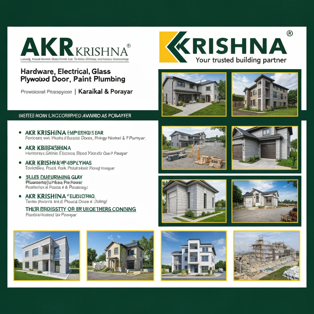 AI Design for Business Name: AKR KRISHNA
Tagline: Your trusted building partner
Business Category:Hardware electrical glass plywood door Paint Plumbing
City : Karaikal and porayar