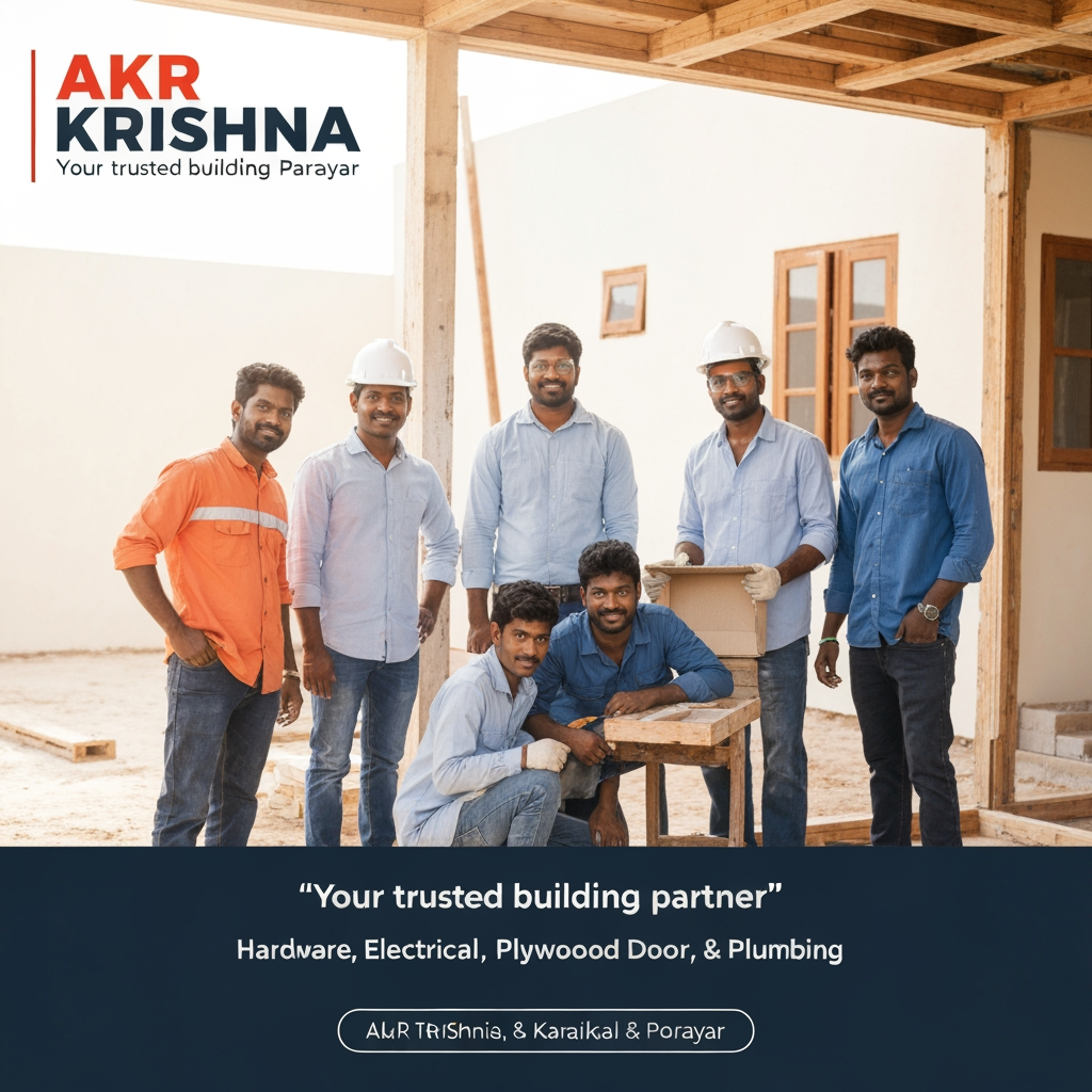 AI Design for Business Name: AKR KRISHNA
Tagline: Your trusted building partner
Business Category:Hardware electrical glass plywood door Paint Plumbing
City : Karaikal and porayar