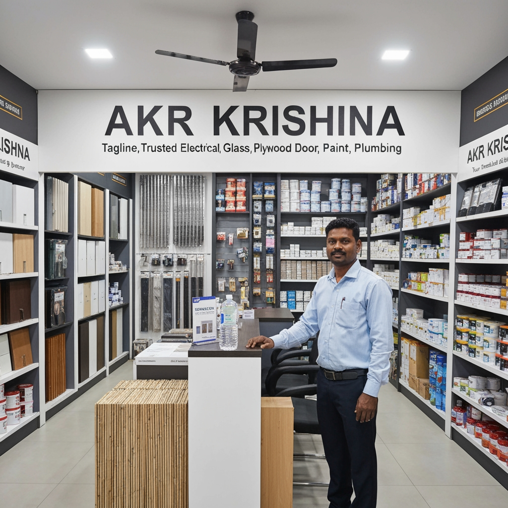 AI Design for Business Name: AKR KRISHNA
Tagline: Your trusted building partner
Business Category:Hardware electrical glass plywood door Paint Plumbing
City : Karaikal and porayar
