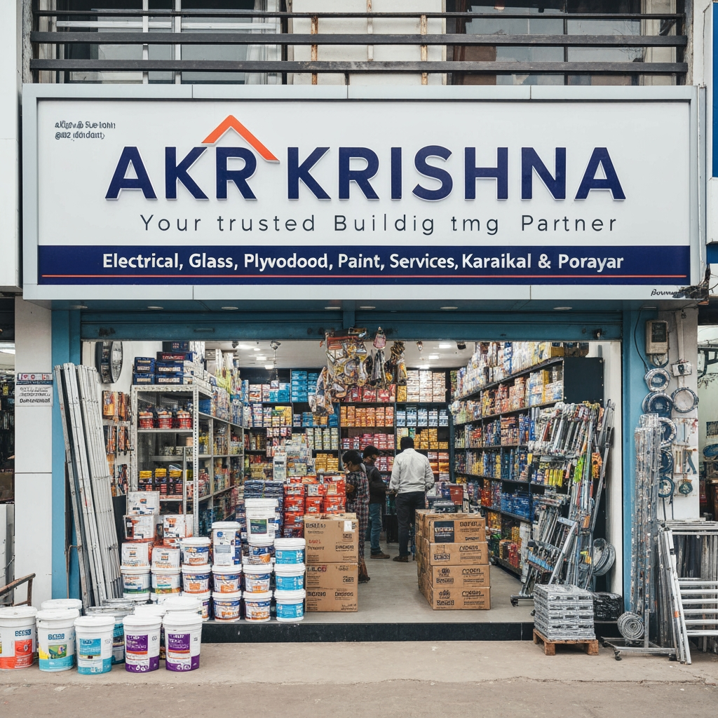 AI Design for Business Name: AKR KRISHNA
Tagline: Your trusted building partner
Business Category:Hardware electrical glass plywood door Paint Plumbing
City : Karaikal and porayar