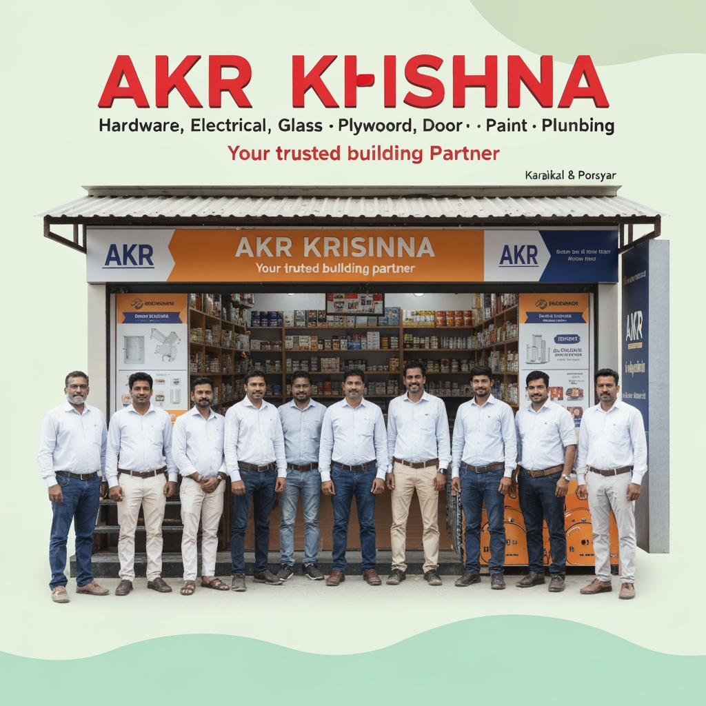 AI Design for Business Name: AKR KRISHNA
Tagline: Your trusted building partner
Business Category:Hardware electrical glass plywood door Paint Plumbing
City : Karaikal and porayar