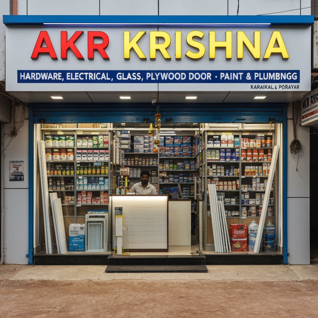 AI Design for Business Name: AKR KRISHNA
Tagline: Your trusted building partner
Business Category:Hardware electrical glass plywood door Paint Plumbing
City : Karaikal and porayar