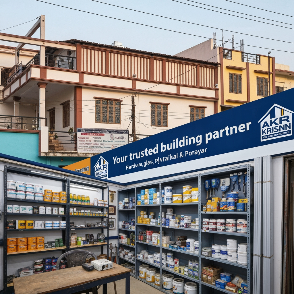 AI Design for Business Name: AKR KRISHNA
Tagline: Your trusted building partner
Business Category:Hardware electrical glass plywood door Paint Plumbing
City : Karaikal and porayar