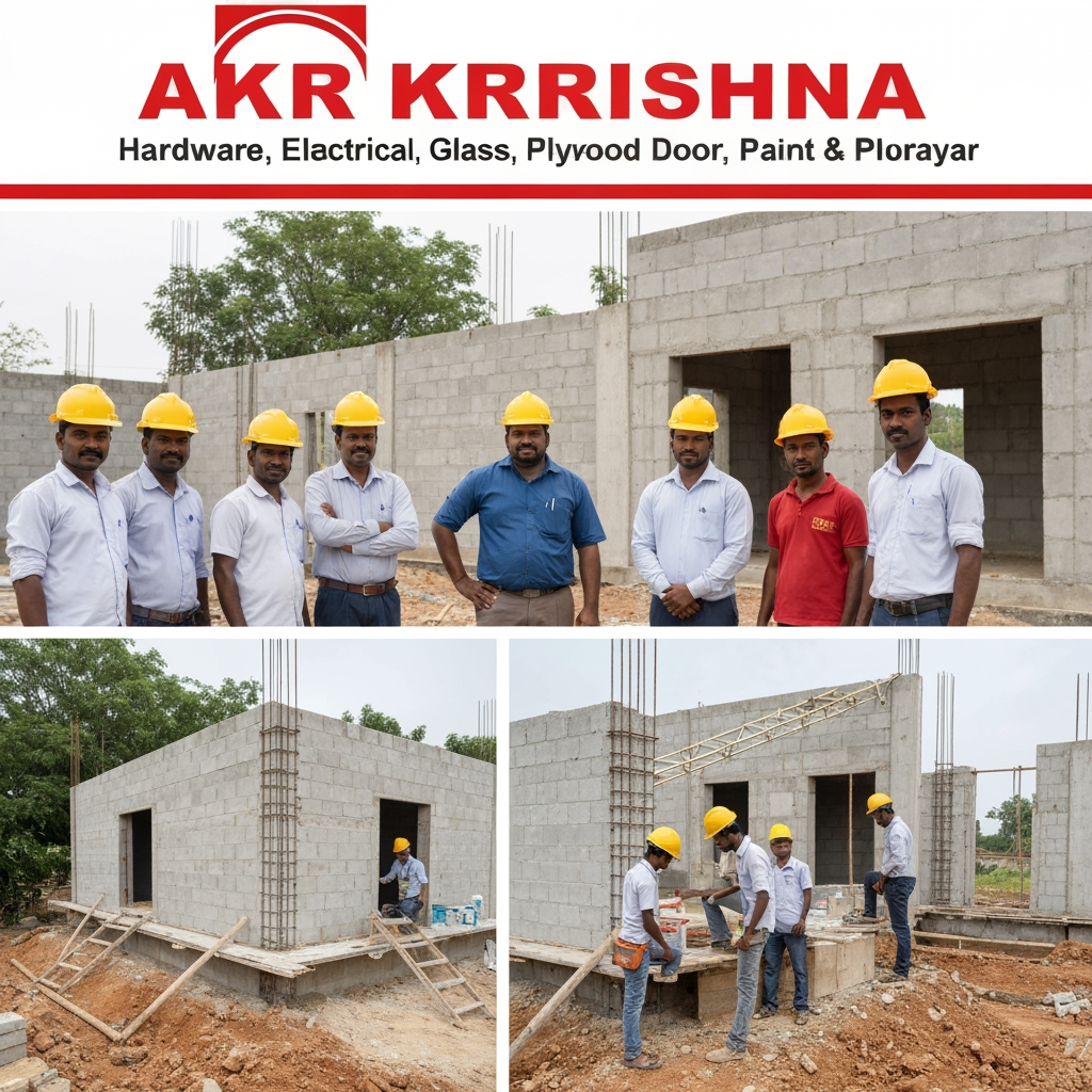 AI Design for Business Name: AKR KRISHNA
Tagline: Your trusted building partner
Business Category:Hardware electrical glass plywood door Paint Plumbing
City : Karaikal and porayar