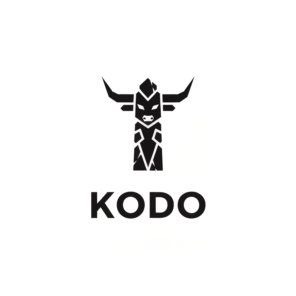 AI Design for An elite corporate vector logo for a video game studio. The logo features a powerful, hyper-stylized geometric icon of a majestic ancient tribal totem pole, flawlessly incorporating minimalist bull horn silhouettes and monolithic stone shapes. Directly underneath the icon, it features the clean, bold typographic text "KODO" in a modern sharp sans-serif font. Perfectly centered, balanced proportions. Swiss graphic design style, timeless, stark high contrast, pure matte black and solid white. Flat 2D design, sharp clean lines --no realistic details, shading, gradients, 3D, photorealism, mockups, color, paper texture, extra letters, misspelled text --v 6.0 --style raw --ar 1:1
