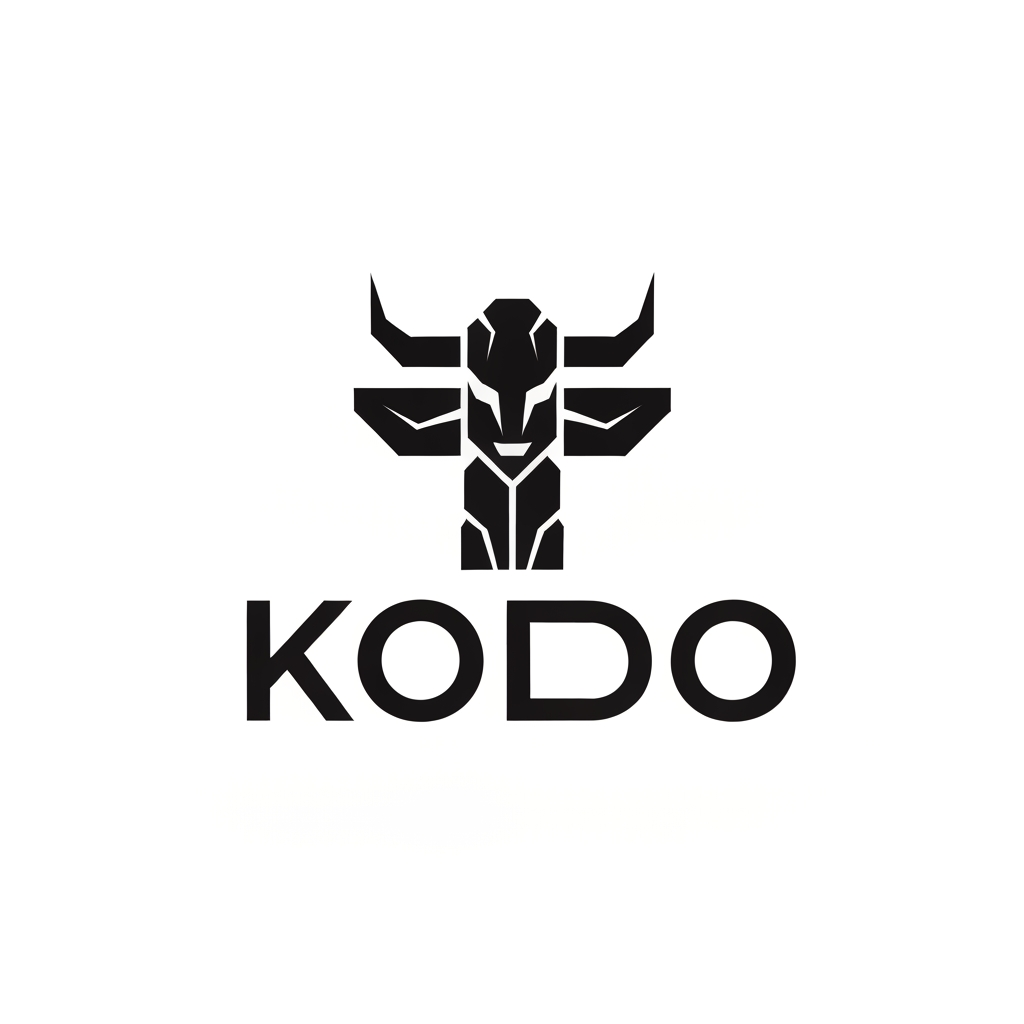 AI Design for An elite corporate vector logo for a video game studio. The logo features a powerful, hyper-stylized geometric icon of a majestic ancient tribal totem pole, flawlessly incorporating minimalist bull horn silhouettes and monolithic stone shapes. Directly underneath the icon, it features the clean, bold typographic text "KODO" in a modern sharp sans-serif font. Perfectly centered, balanced proportions. Swiss graphic design style, timeless, stark high contrast, pure matte black and solid white. Flat 2D design, sharp clean lines --no realistic details, shading, gradients, 3D, photorealism, mockups, color, paper texture, extra letters, misspelled text --v 6.0 --style raw --ar 1:1