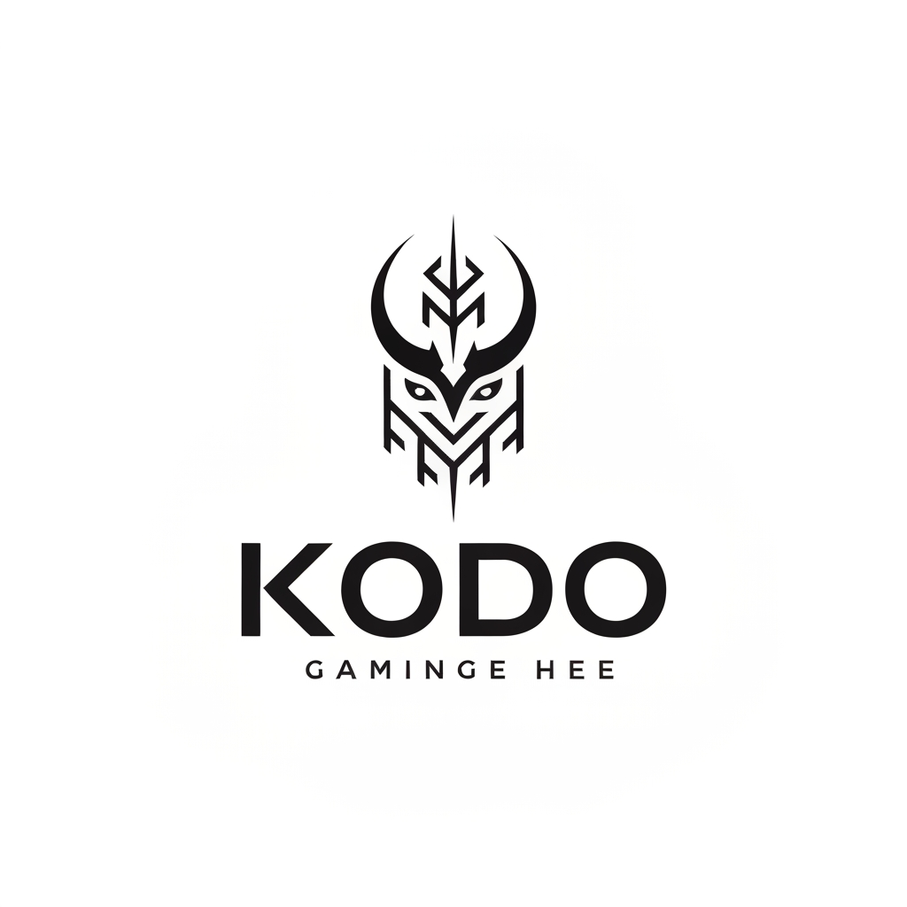 AI Design for A premium minimalist vector logo for a gaming company. The logo design features a mysterious abstract tribal totem symbol composed of sharp geometric lines, runes, and stylized powerful horn shapes. Embedded perfectly below the symbol is the clean typographic text "KODO" in a bold, solid, futuristic sans-serif typeface. High-end branding, flat 2D vector, Swiss design symmetry, extreme contrast, solid matte black on a pure white background. Epic and modern --no shading, 3D effects, photorealism, colors, gradients, extra characters, typos --v 6.0 --style raw --ar 1:1