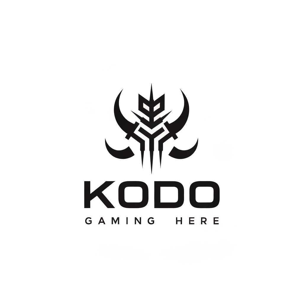 AI Design for A premium minimalist vector logo for a gaming company. The logo design features a mysterious abstract tribal totem symbol composed of sharp geometric lines, runes, and stylized powerful horn shapes. Embedded perfectly below the symbol is the clean typographic text "KODO" in a bold, solid, futuristic sans-serif typeface. High-end branding, flat 2D vector, Swiss design symmetry, extreme contrast, solid matte black on a pure white background. Epic and modern --no shading, 3D effects, photorealism, colors, gradients, extra characters, typos --v 6.0 --style raw --ar 1:1